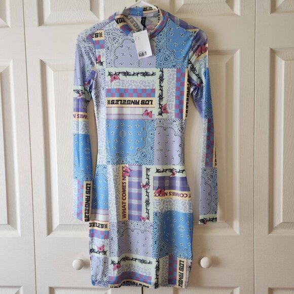 Divided By H&M Patchwork Long Sleeve Bodycon Dress S, Back Cutout - Picture 1 of 9